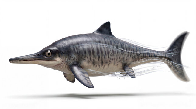 Ichthyosaurus communis swimming sideways isolated on white background, detailed prehistoric marine reconstruction showing streamlined anatomy and natural underwater movement.
