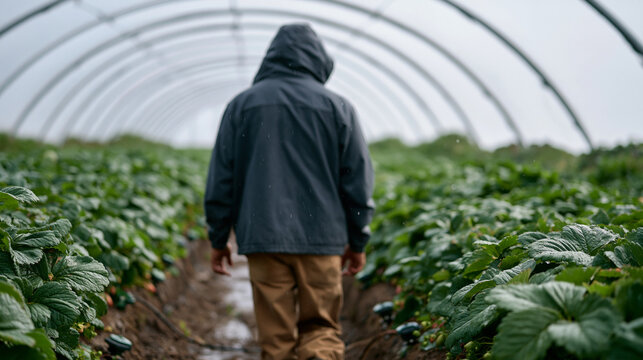 Rain-soaked strawberry fields with irrigation sensors visible between raised beds, farm data analyst sheltering under translucent polytunnel reviewing harvest readiness algorithm output on ruggedize