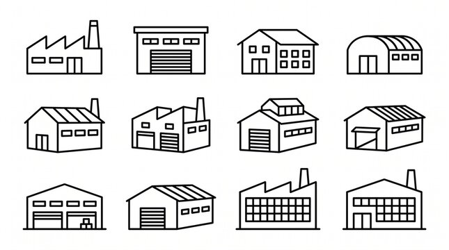Ten black outline icons of warehouses and factories with varied roof shapes, doors, and windows, symbolizing industrial architecture, manufacturing, and logistics in clean minimalist design.