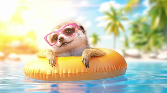 Animal floating on yellow swim ring in ocean. Cute meerkat with sunglasses enjoying tropical summer holiday vacation. Funny furry animal at beach on sunny day.