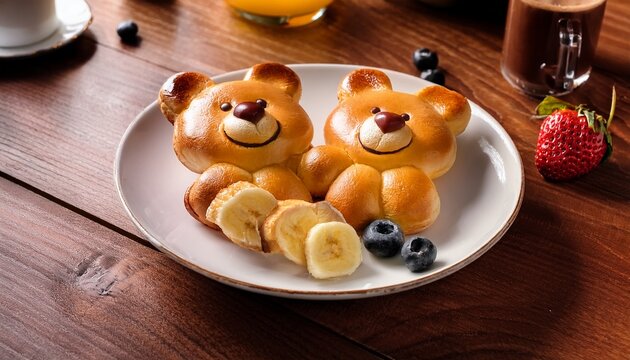 breakfast scene with bear shaped pastries and fruit on wooden table