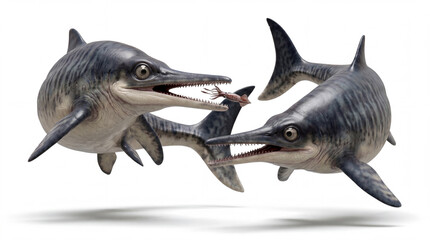 Fototapeta premium Ichthyosaurus communis males hunting calamari isolated on white background, detailed prehistoric marine scene showing cooperative hunting behavior and active underwater movement. 