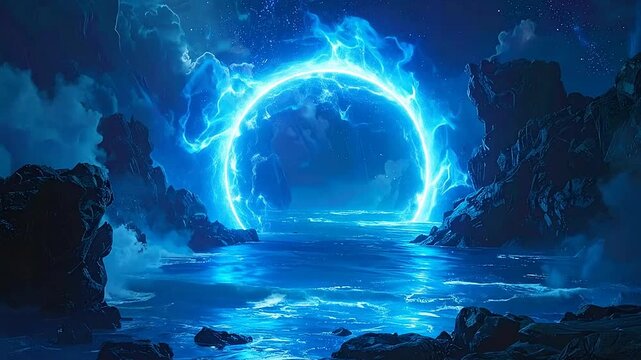 A glowing portal in a fantasy landscape with water and rocky cliffs under a starry sky