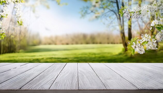 white wood table with large spring window and copy space