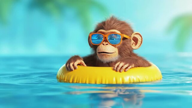 Monkey with orange sunglasses on inflatable ring in swimming pool. Summer vacation and holiday concept. Fun animal character design for beach resort advertising.