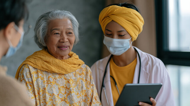 Hospital readmission prevention coordinator interviews a recently discharged elderly woman in a transitional care clinic examination room, reviewing a risk stratification flag on a tablet while a co