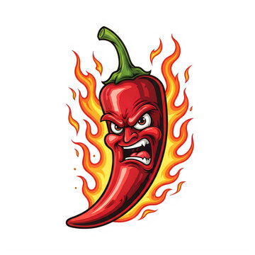 Cartoon chili pepper on fire with angry face
