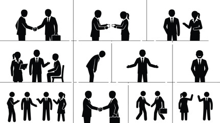 Business etiquette and professional networking silhouette icon set with greetings meetings and corporate communication gestures © MOSLEMA