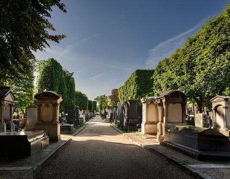 cemetery in passy paris with tombstones and greenery in a quiet space during daylight