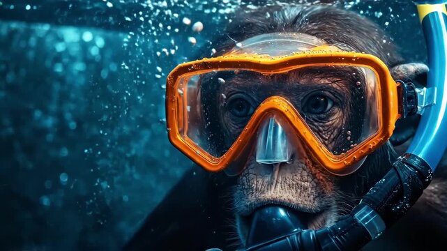 Monkey underwater in diving mask. Scuba diver monkey exploring the ocean. Funny animal concept. Submerged primate enjoying aquatic adventure for entertainment.