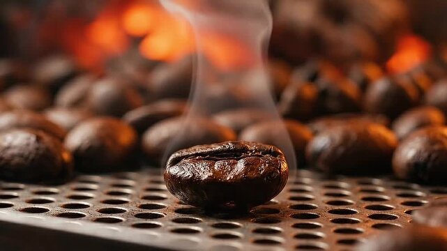 Close up of freshly roasted coffee beans with steam rising in warm light
