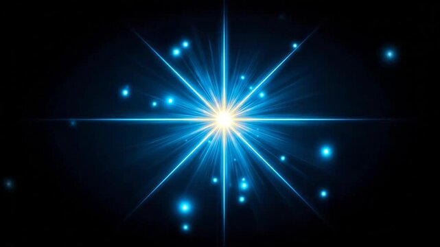 Abstract glowing starburst with bright light and blue rays on black