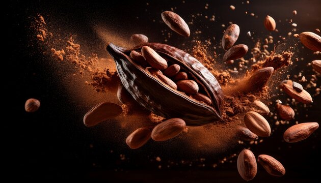 whole cocoa beans and cocoa nibs exploding in mid air against a dark background showcasing the raw ingredients of chocolate making in a dynamic and rustic visual