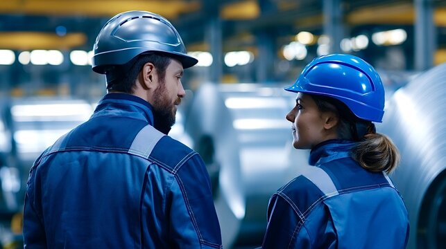 Factory workers collaborating in industrial environment wearing hard hats