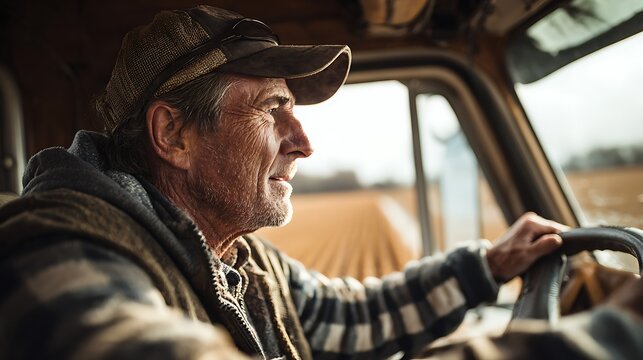 Middle Aged Farmer Driving Truck Through Rural Agricultural Field.