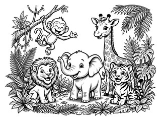 Obraz premium Cute jungle animals coloring page for kids with playful baby lion, elephant, giraffe, tiger, and monkey cartoon illustration.