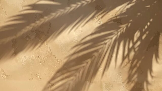 The shadow of a leafy plant is cast upon a textured, light-colored wall surface