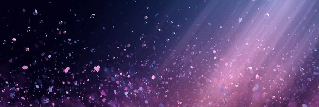 Abstract Music Background with Glowing Purple Pink Particles, Light Rays and Music Notes, Kpop Dark Backdrop for Festival Banners, Concert Stages, Party Events
