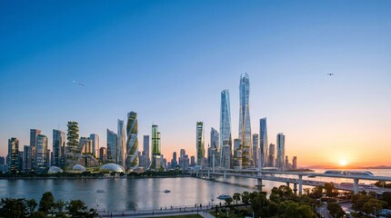 Fototapeta premium Futuristic eco-friendly city skyline with green skyscrapers at sunset
