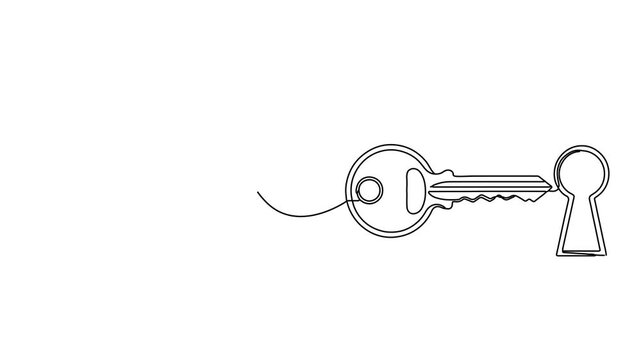 Continuous line art drawing of a key and keyhole.