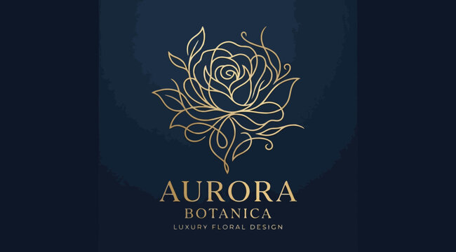 Luxury floral logo design with golden rose line art on dark blue background