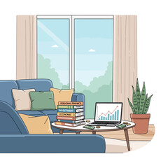 Fototapeta premium Home Office with Investment Books, Laptop and Plants