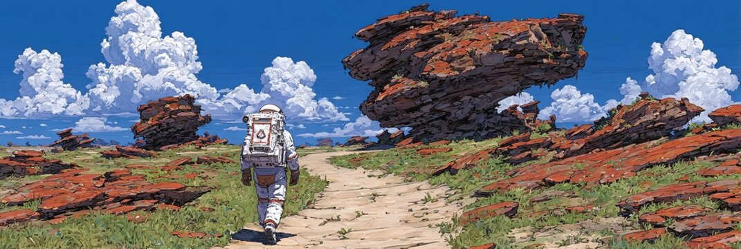 Astronaut walks on red planet exploring alien landscape with large rocks and blue sky