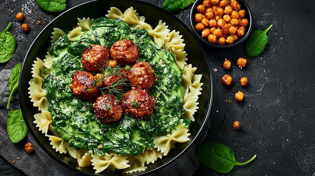 A Delicious Plate of Bowtie Pasta with Meatballs and Spinach