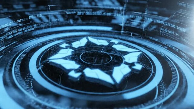 Futuristic glowing blue binary code cylinder on a high tech digital interface platform