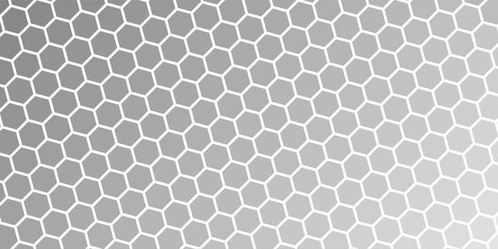 Halftone lattice with hexagon. Gradient transition grid with fade effect. Degrade background with black hexagon size gradation. Vertical border with gradient transition lattice, vector illustration