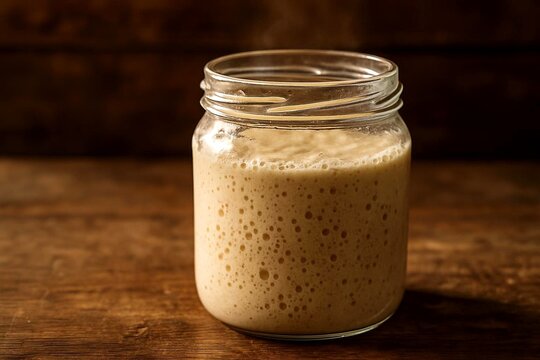Appetizing Close Glass Active Sourdough Starter - Panaderia Artesana y Fermentacion Stock Photo