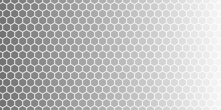 Halftone lattice with hexagon. Gradient transition grid with fade effect. Degrade background with black hexagon size gradation. Vertical border with gradient transition lattice, vector illustration