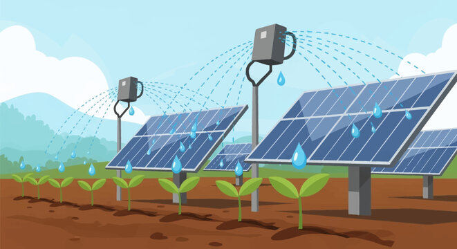 Vector illustration of blue solar panels powering an automated irrigation system spraying water onto young plant sprouts in a rural field, agrivoltaic farming technology.