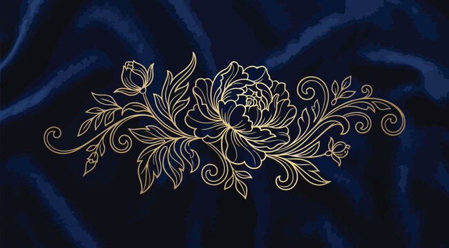 Elegant gold floral line art of a peony with decorative scrolls on a dark blue textured background