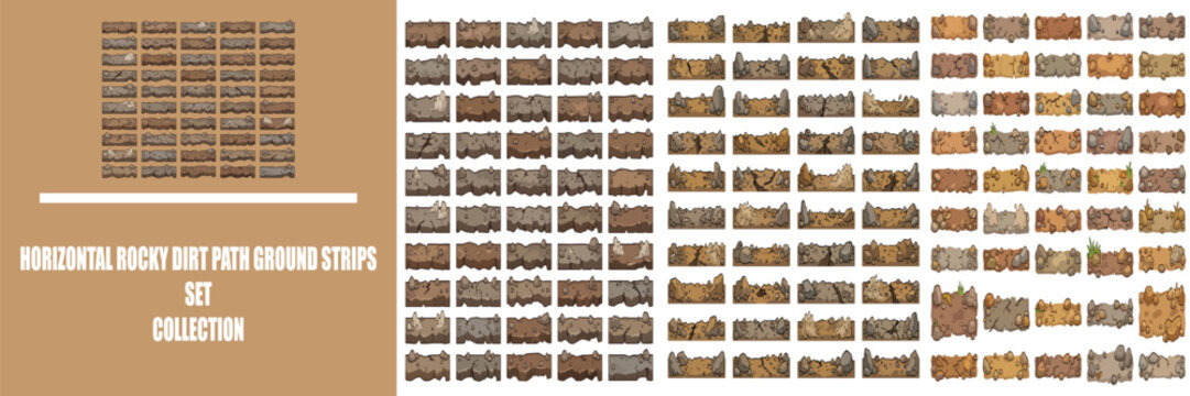 Horizontal rocky dirt path ground strips set collection, brown stone road textures for game design, earthy terrain platformer assets