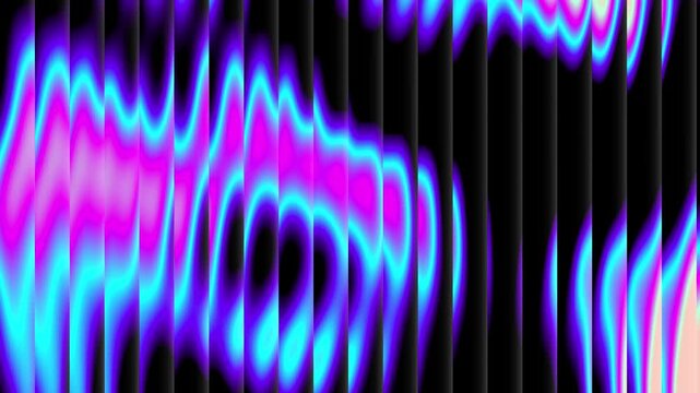 Vibrant, shifting colors ripple across glass-like vertical panels. Soft glowing hues pulse with hypnotic rhythm against a deep black