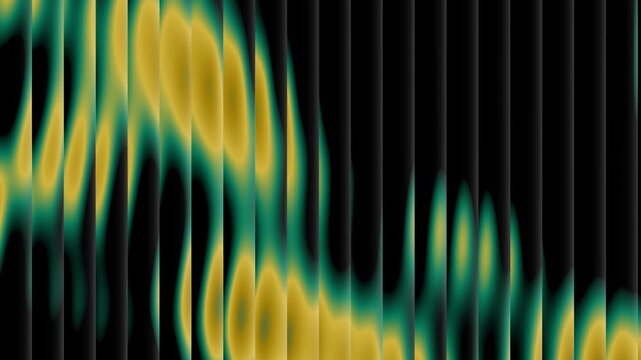 Abstract glass flutes ripple with emerald and gold hues. Darkened glass surfaces glide in rhythmic, liquid motion
