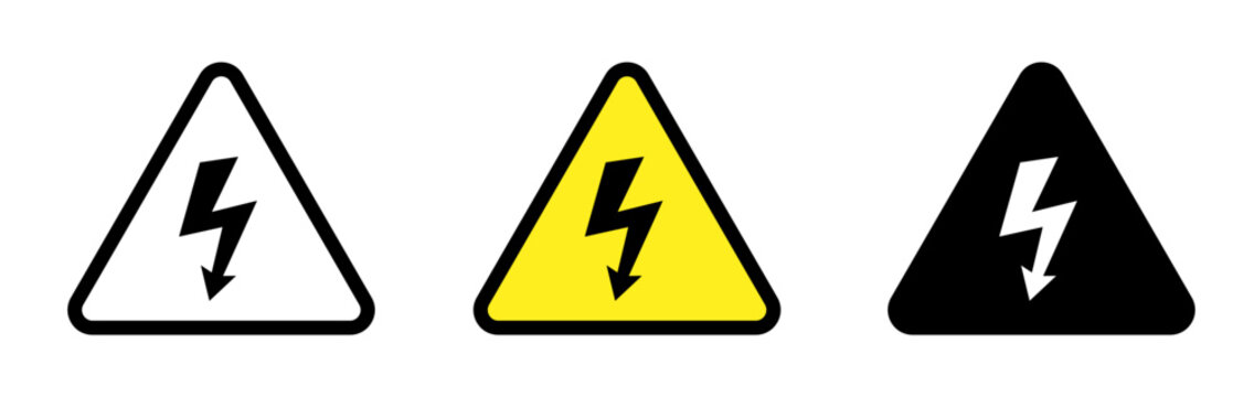 Electrical Hazard Triangle Icon Set, High Voltage Warning with Lightning Bolt