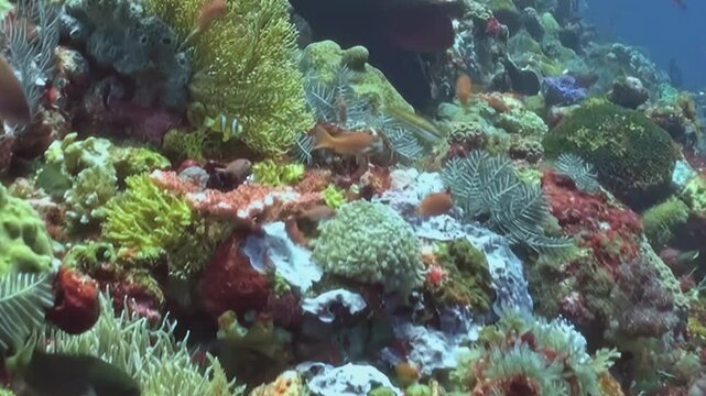 An exquisite underwater world comes alive as a myriad of colorful fish dart through magnificent corals and anemones. A serene daytime glimpse into the ocean's thriving ecosystem.
