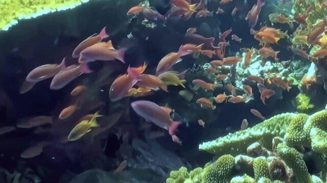 A lively school of radiant orange and pink fish elegantly navigate a thriving coral reef. The sunlit underwater world buzzes with activity, showcasing nature's breathtaking artistry in the deep ocean.