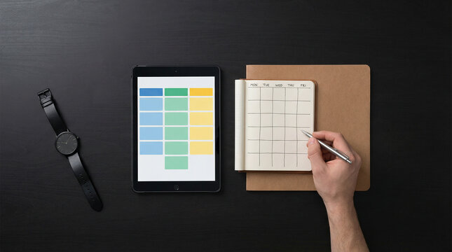 Top view of a person organizing a weekly schedule in a notebook while using a digital tablet with a colorful planner layout, time management and productivity concept on a dark desk.