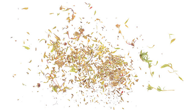 dried chopped thyme leaves, isolated on white background, top view 