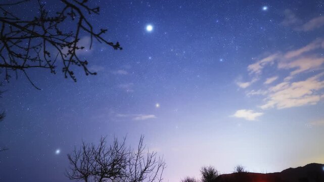 Orion constellation, zodiacal light and Milky Way stars on a dark countryside skies. Time-lapse video.