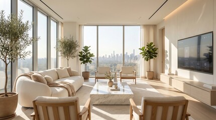 Fototapeta premium Modern living room interior with green plants and city view