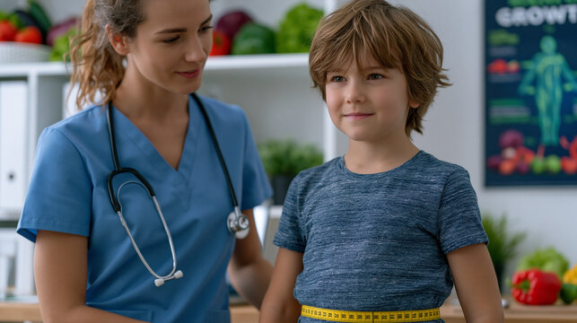 Nurse measuring a child's waist circumference in a sterile white examination room, healthy food models on the shelf behind, child looking at motivational growth poster, clinical yet warm atmosphere,