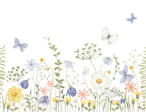 Seamless pattern with watercolor wildflowers, green plants and flying butterflies. Floral isolated illustration for perfect border, cute wallpaper, mural, delicate poster or cover. Hand-drawn print.