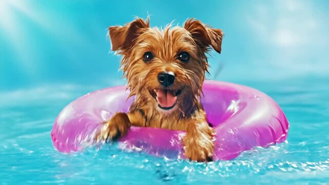 Happy yorkshire terrier dog swims in swimming pool with pink inflatable ring on summer sunny day. Pet vacation and leisure time concept.