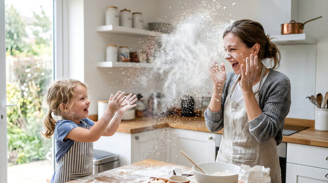 Woman and child baking