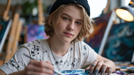 Fototapeta premium Teen nonbinary youth painting self-portrait in art studio, canvases leaning everywhere, paint-stained fingers, natural north-facing skylight flooding the space, perfect for teen identity, self-expre