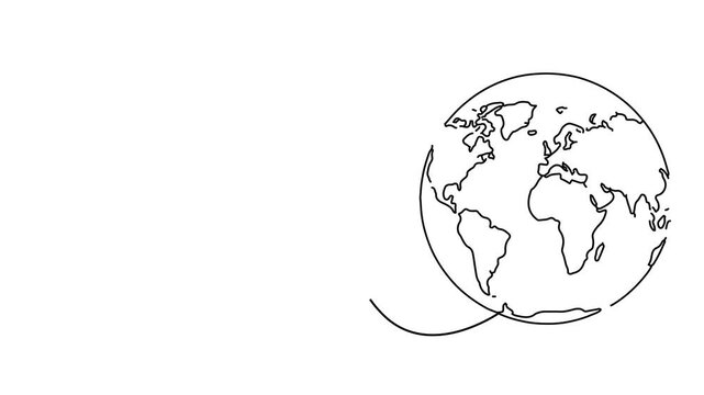 Continuous line art drawing of a world globe.